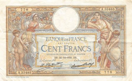 France FRANCE  LUC-OLIVIER MERSON - 100 FRANCS 24/12/1931 - SÉRIE A.33485 - TTB