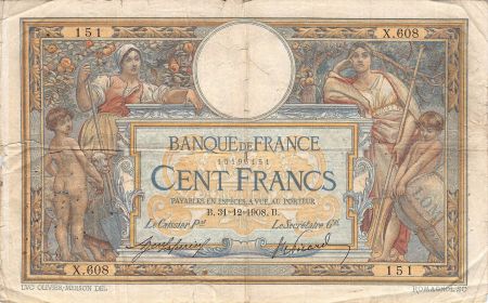 France FRANCE  LUC-OLIVIER MERSON - 100 FRANCS 31/12/1908 - PTB