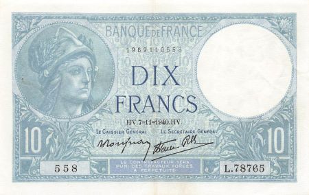 France FRANCE  MINERVE - 10 FRANCS 07/11/1940 - TTB+