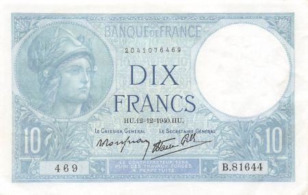 France FRANCE, MINERVE - 10 FRANCS 12/12/1940