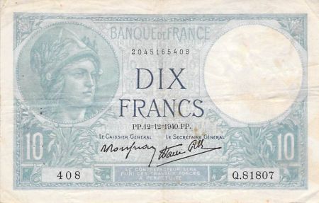 France FRANCE, MINERVE - 10 FRANCS 12/12/1940