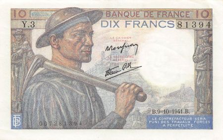 France FRANCE  MINEUR - 10 FRANCS 09/10/1941 - SÉRIE Y.3 - TTB+
