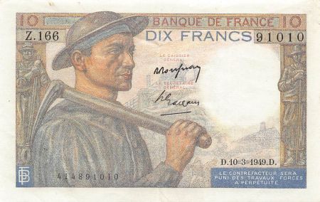 France FRANCE  MINEUR - 10 FRANCS 10/03/1949 - SÉRIE Z.166 - TTB+