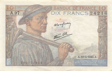 France FRANCE  MINEUR - 10 FRANCS 19/04/1945 - SÉRIE A.97 - TTB+