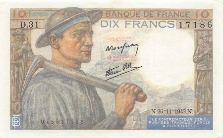 France FRANCE  MINEUR - 10 FRANCS 26/11/1942 - SÉRIE D.31 - PSUP