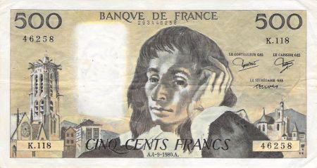 France FRANCE  PASCAL - 500 FRANCS 04/09/1980 - SÉRIE K.118 - PTTB