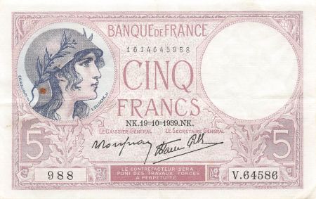 France FRANCE  VIOLET - 5 FRANCS 19/10/1939 - TTB+