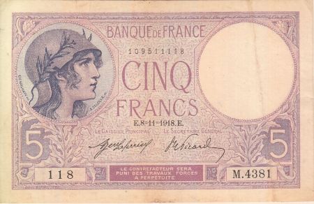 France France 5 Francs 1918 Série T.343 Violet