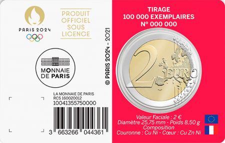 France Jeux Olympiques PARIS 2024 - 2 Euros Commémo. BU - FRANCE 2021 - Blister n°4 (Rouge)