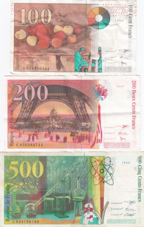 France Lot 3 Billets : 100 Francs Cézanne - 200 Francs Eiffel - 500 Francs P M Curie - 1995 à 200 - TTB