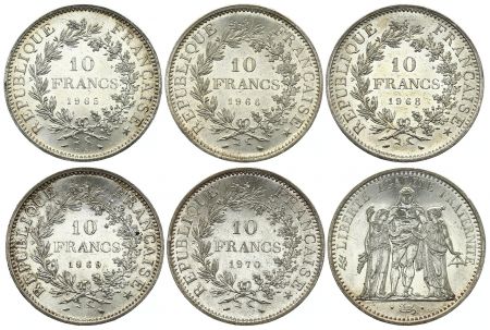 France Lot 5 x 10 Francs Hercule - Argent 1965 à 1972