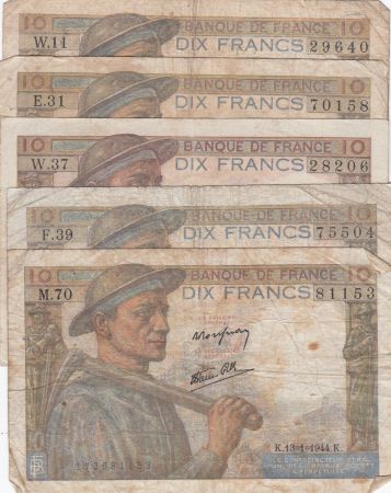 France Lot 5 x10 Francs Mineur - dates différentes 1942 à 1944