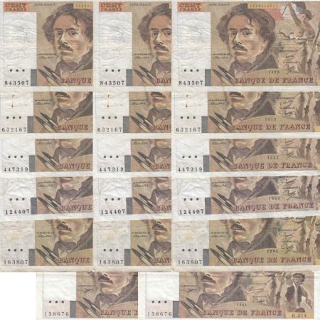 France Lot de 17 x 100 Francs Delacroix - Ensemble des millésimes ( de 1978 à 1995)