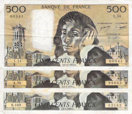 France Lot de 3 x 500 Francs Pascal - Années variées 1968-1993 - TB à TB+