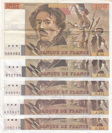 France Lot de 5 x 100 Francs Delacroix - années 1978 à 1995 - TTB