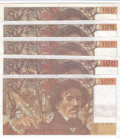 France Lot de 5 x 100 Francs Delacroix - années 1978 à 1995 - TTB