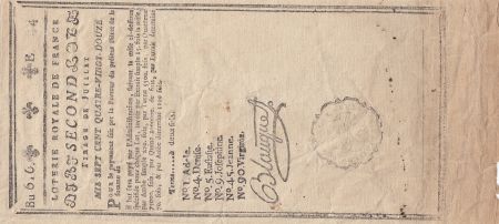 France Loterie Royale de France - Tirage de Juillet 1792 - Second Lot - TTB