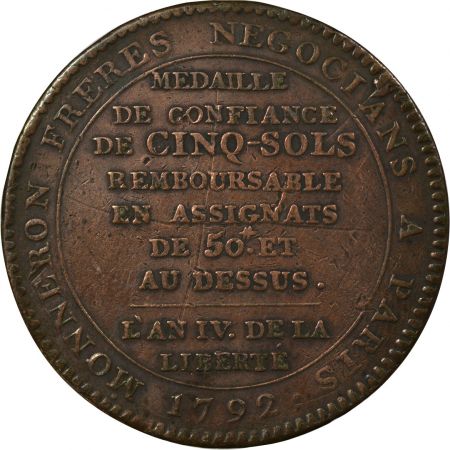 France MONNAIE DE CONFIANCE - MONNERON 5 SOLS AU SERMENT 1792 L\'AN IV \ DEPARTEMENS\ 