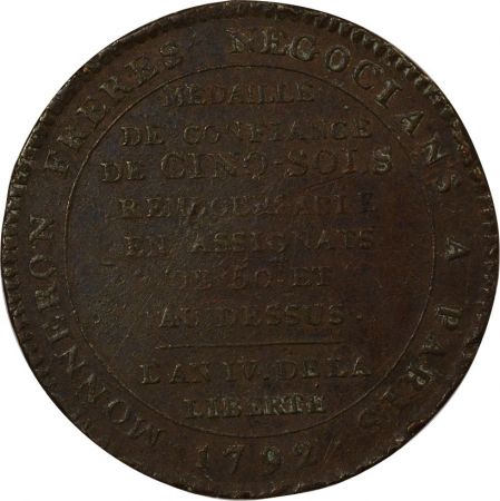 France Monnaie De Confiance - Monneron 5 Sols Au Serment 1792 L\'An Iv \ Departemens\ 