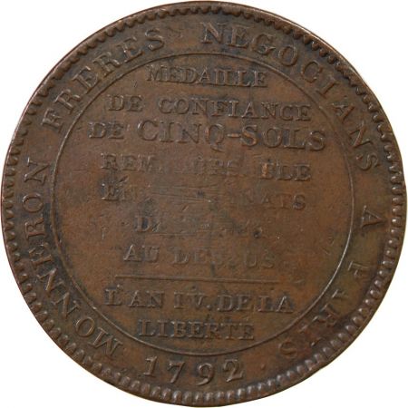 France MONNAIE DE CONFIANCE - MONNERON 5 SOLS AU SERMENT 1792 L\'AN IV