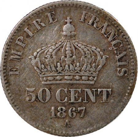 France NAPOLEON III, TÊTE LAURÉE - 50 CENTIMES ARGENT 1867 A PARIS