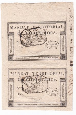 France Pair 2 x 5 Francs Mandat Territorial - 28 Ventose An IV (18.3.1796) - Cachet Noir - SUP +