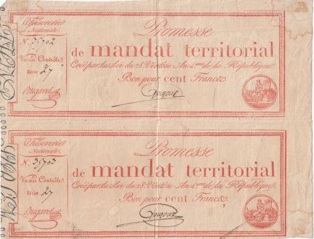 France Paire 100 Francs Mandat Territorial avec série - 28 Ventose An IV (18.03.1796) - TB+ Série 27