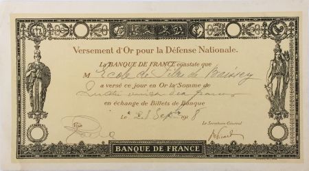 France Reçu de versement d\'or pour la Défense Nationale 1918 - Haute-Marne - Baissey - TTB