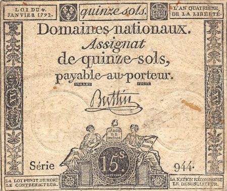 France RÉVOLUTION FRANCAISE  ASSIGNAT - 15 SOLS - LOI DU 04/01/1792 - TB+
