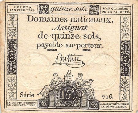 France RÉVOLUTION FRANCAISE  ASSIGNAT - 15 SOLS - LOI DU 04/01/1792 - TTB