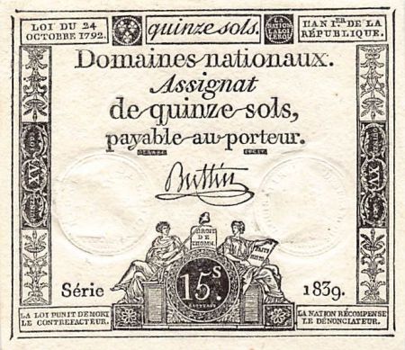 France RÉVOLUTION FRANCAISE  ASSIGNAT - 15 SOLS - LOI DU 24/10/1792