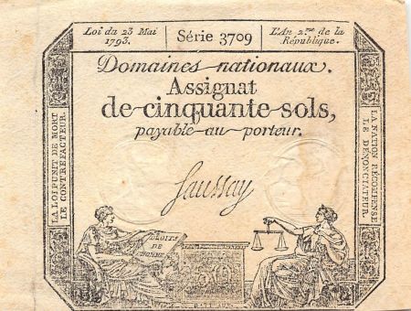 France RÉVOLUTION FRANCAISE  ASSIGNAT - 50 SOLS - LOI DU 23/05/1793 - TTB