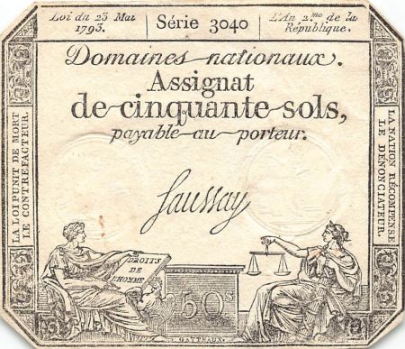 France RÉVOLUTION FRANCAISE  ASSIGNAT - 50 SOLS - LOI DU 23/05/1793 - TTB