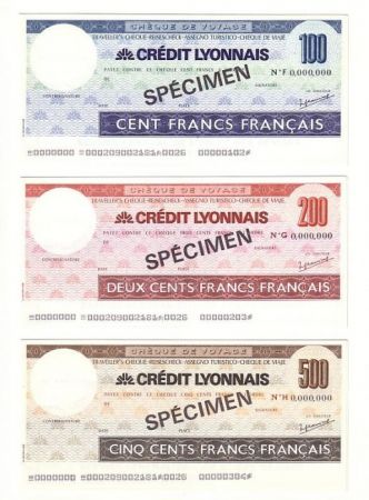 France Série 3 Spécimens Traveller-Check du Crédit Lyonnais , 100, 200 et 500 F avec  plaquette de présentation - 1992