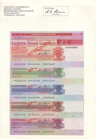 France Série 5 Traveller-Check Spécimens de la Lloyds Bank Limited ,2, 5, 10, 20 et 50 £ - 1973