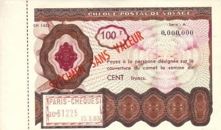 France Spécimen 100F , France Chèque Postal de Voyage