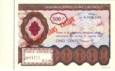 France Spécimen 500F , France Chèque Postal de Voyage - 1963