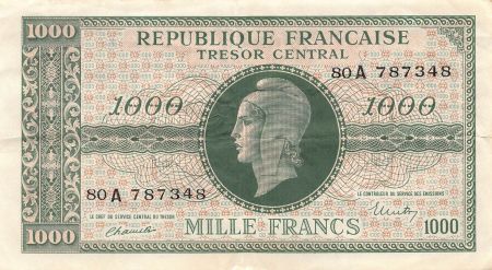 France TRÉSOR CENTRAL  MARIANNE - 1000 FRANCS 1945 SÉRIE A - TTB+