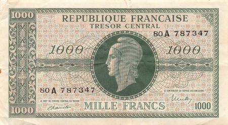 France TRÉSOR CENTRAL  MARIANNE - 1000 FRANCS 1945 SÉRIE A - TTB