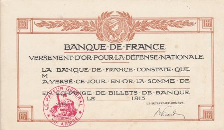 France Versement d\'or pour la défense nationale vierge - 1915 - SUP