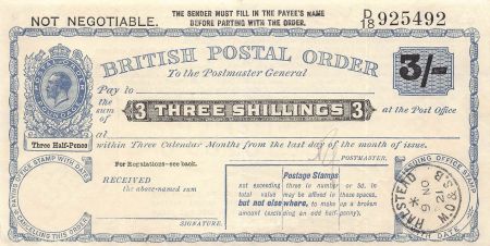 Grande Bretagne GRANDE-BRETAGNE  GEORGES V - MANDAT POSTAL 3 SHILLINGS 1921