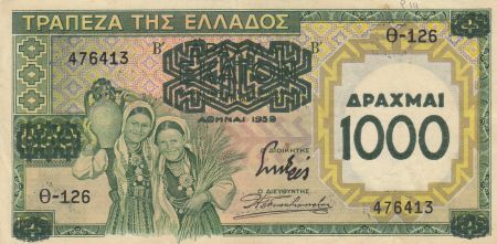 Grèce 1000 Drachmai 1939 - Jeunes filles, paysage