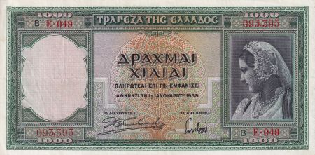 Grèce 1000 Drachms - Femme - Parthénon - 1939 - Série E.049 - P.110a