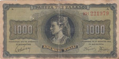 Grèce 1000 Drachms Jeune femme - Lion  1942 - pTB