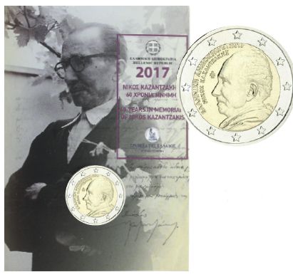 Grèce 2 Euros Commémo. BU COINCARD GRECE 2017 - Nikos Kazantzakis