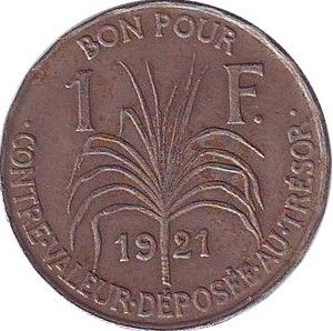 Guadeloupe 1 Franc Tete d\'Indien, sucre de canne - 1921