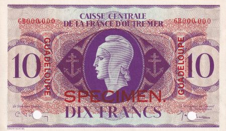 Guadeloupe 10 Francs - Marianne - Croix de Lorraine - Spécimen - 1944 - P.NEUF - Kol.124.1