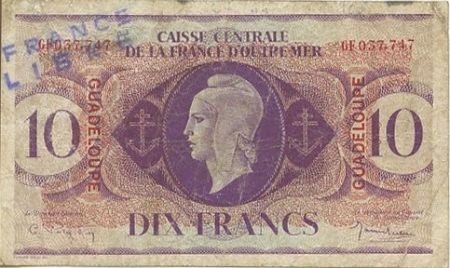 Guadeloupe 10 Francs Marianne - Croix de Lorraine - 1944