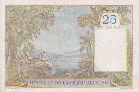 Guadeloupe 25 Francs - Femme - Paysage exotique, navire - 1944 - Série N.37 - TTB - Kol.112b