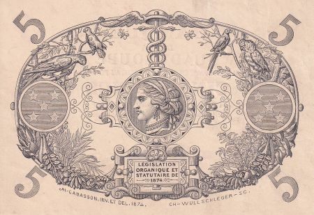 Guadeloupe 5 Francs - Cabasson - type 1874 - Rouge - Spécimen - NEUF - Kol.101.SP.3